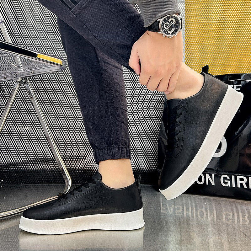 Fashion Thick Sole Black White Soft Men Leather Shoes Platform Men Casual Board Shoes Walking Sport Shoes Lightweight Work Shoes
