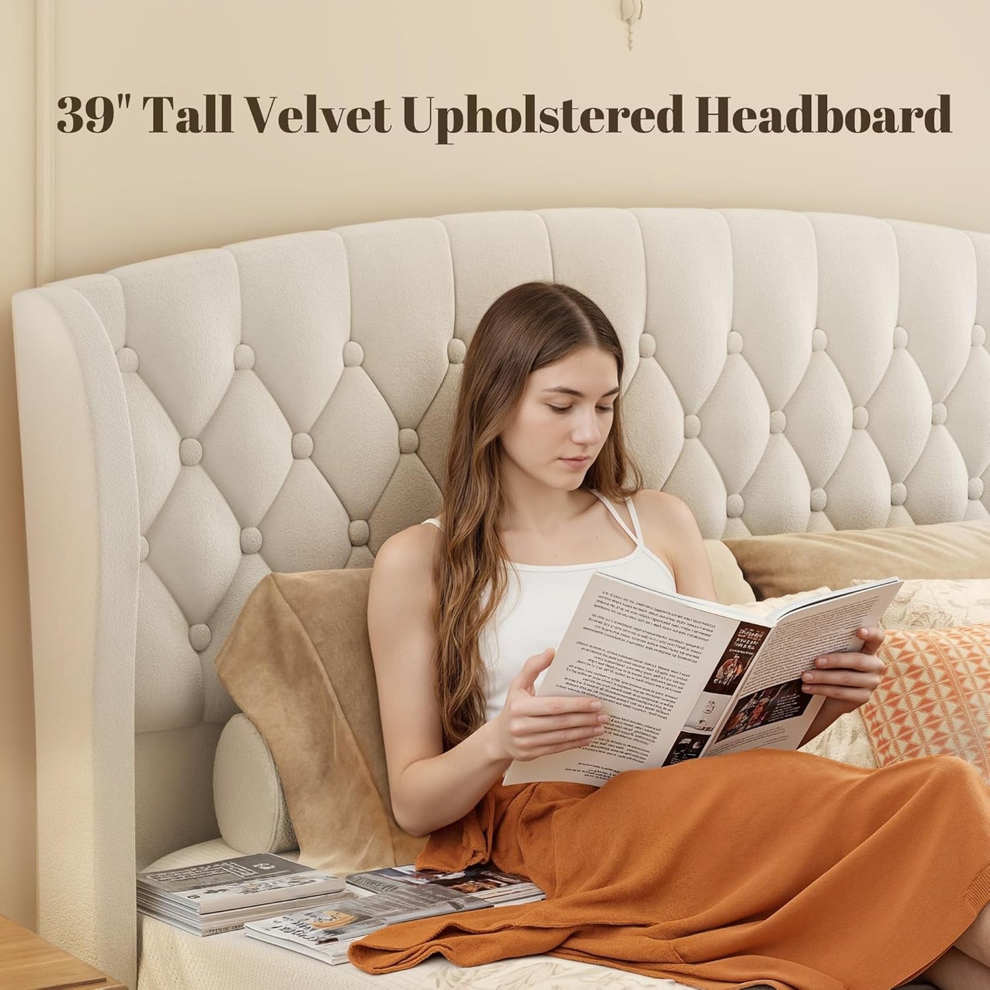 Cama Queen, Estrutura de Cama Estofada em Veludo de 99cm de Altura com Cabeceira e Peseira em Sleigh, Não Requer Box Spring,