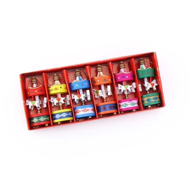 Christmas Wooden Carousel Horse Miniature Ornaments Christmas Tree Hanging Pendants New Year Gift Toy For Kid Home Party Decor