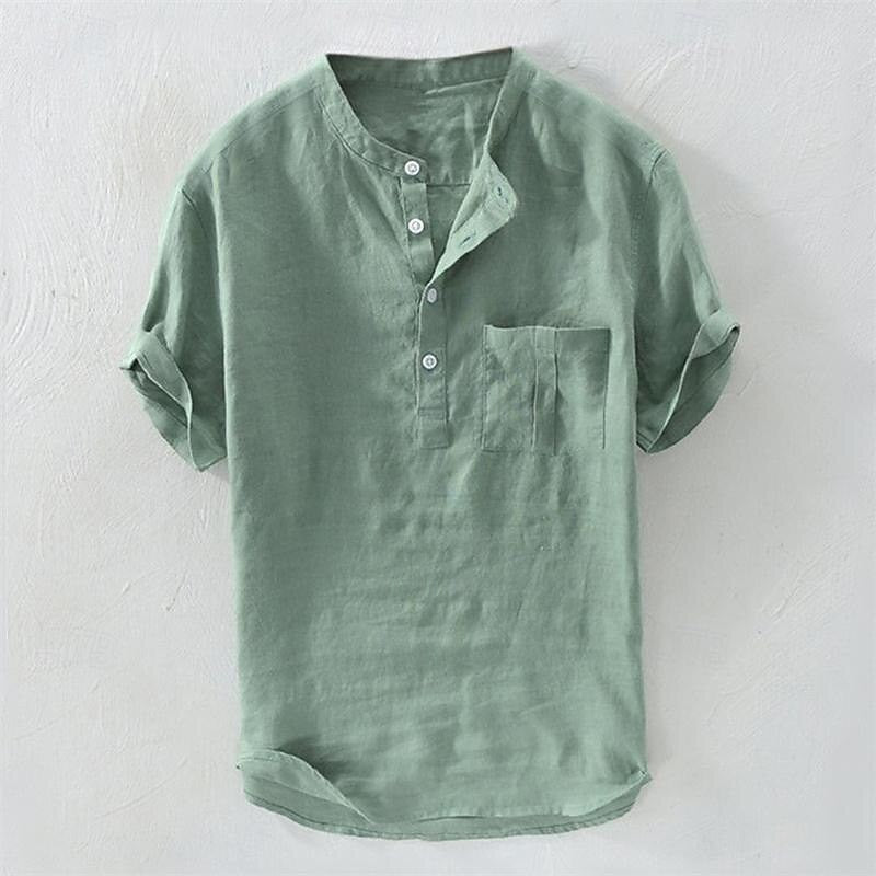 Hawaiian Men's Henley V Neck Short Sleeve Pocket Top Solid Color Fashion Shirt Men's Tops 100% Cotton and Linen Men's T-Shirt