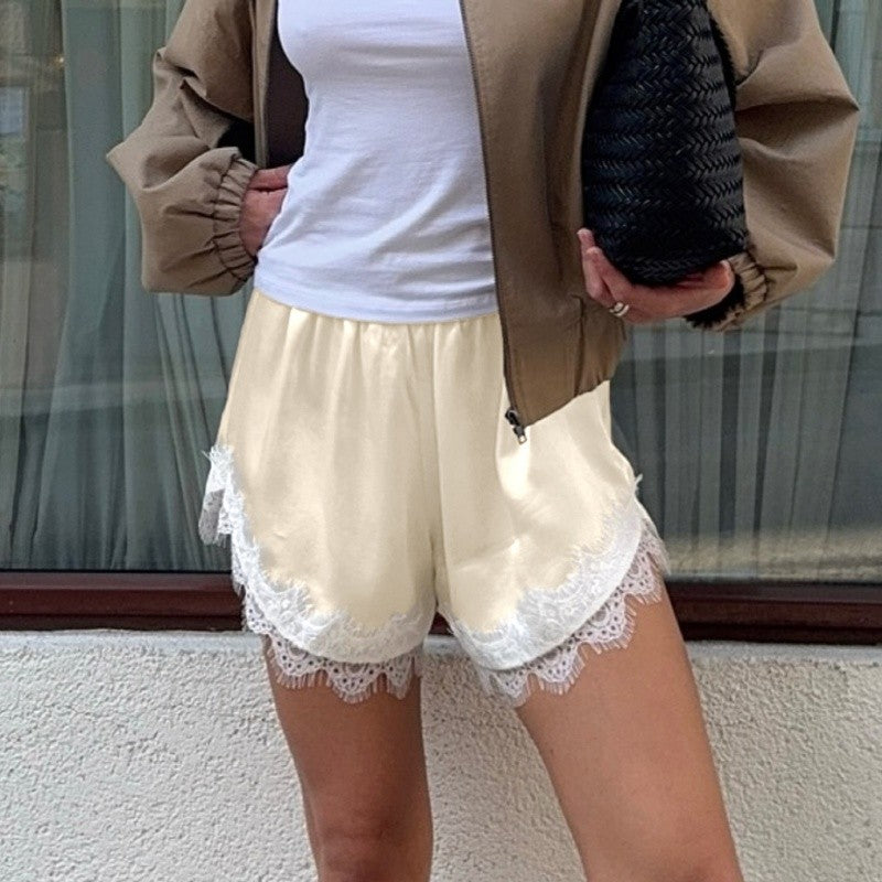 Women Y2k Slik Lace Trim Shorts Stain Pajama Micro Mini Slip Boxer Shorts Low Rise Lounge Pj Bottoms Pettipants Streetwear