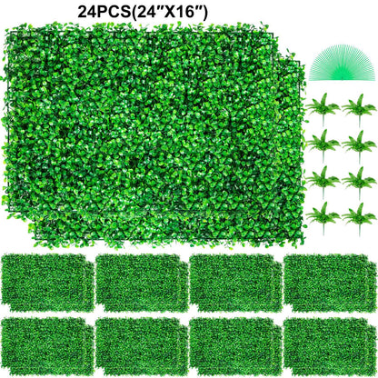 SucceBuy Artificial Boxwood Panel  24pcs 20x20/24x16 in Boxwood Hedge Wall Panels Artificial Grass Backdrop Wall Green Grass