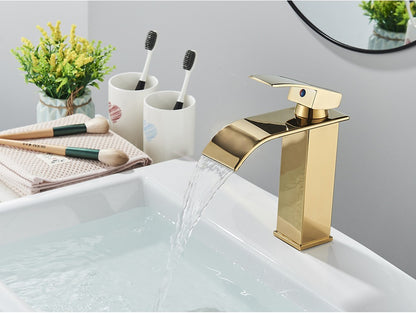 Brushed Golden Basin Faucets Elegant Waterfall Bathroom Sink Faucet Single Lever Hole Deck Mount Brass  Mixer Taps