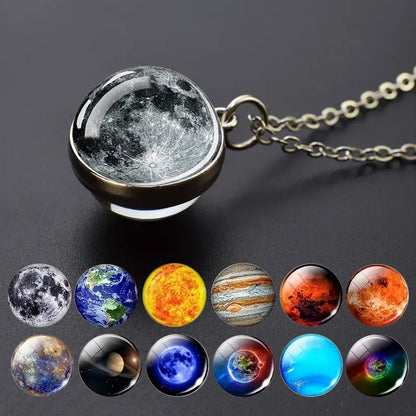 Colar com Pingente de Bola de Vidro Planeta Dupla Face Galáxia Sol Terra Lua Marte Joias