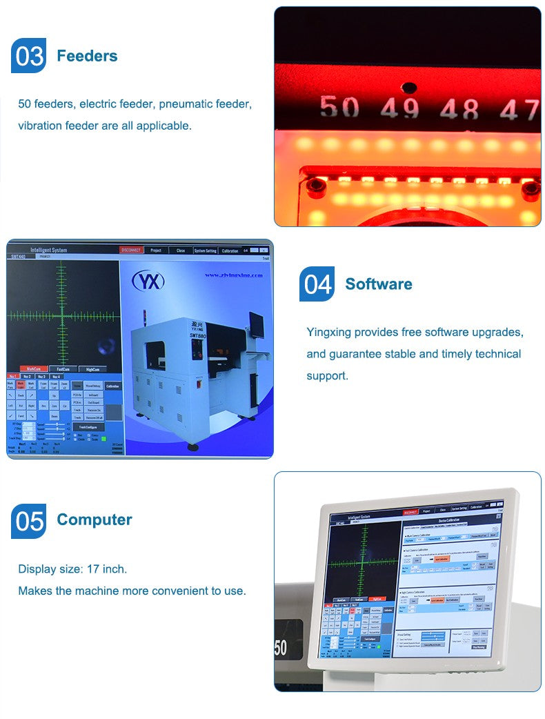 Máquina SMD para Fabricação de Circuitos Integrados SMT550 Máquina de Colocação e Seleção de Componentes Eletrônicos com 4 cabeças e 50 alimentadores