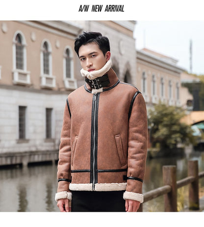 Lamb Cashmere PU Leather Jacket Mens Plus Velvet Men Winter Warm Motorcycle Thickened Leather Coat Man Fleece PU Leather Coats