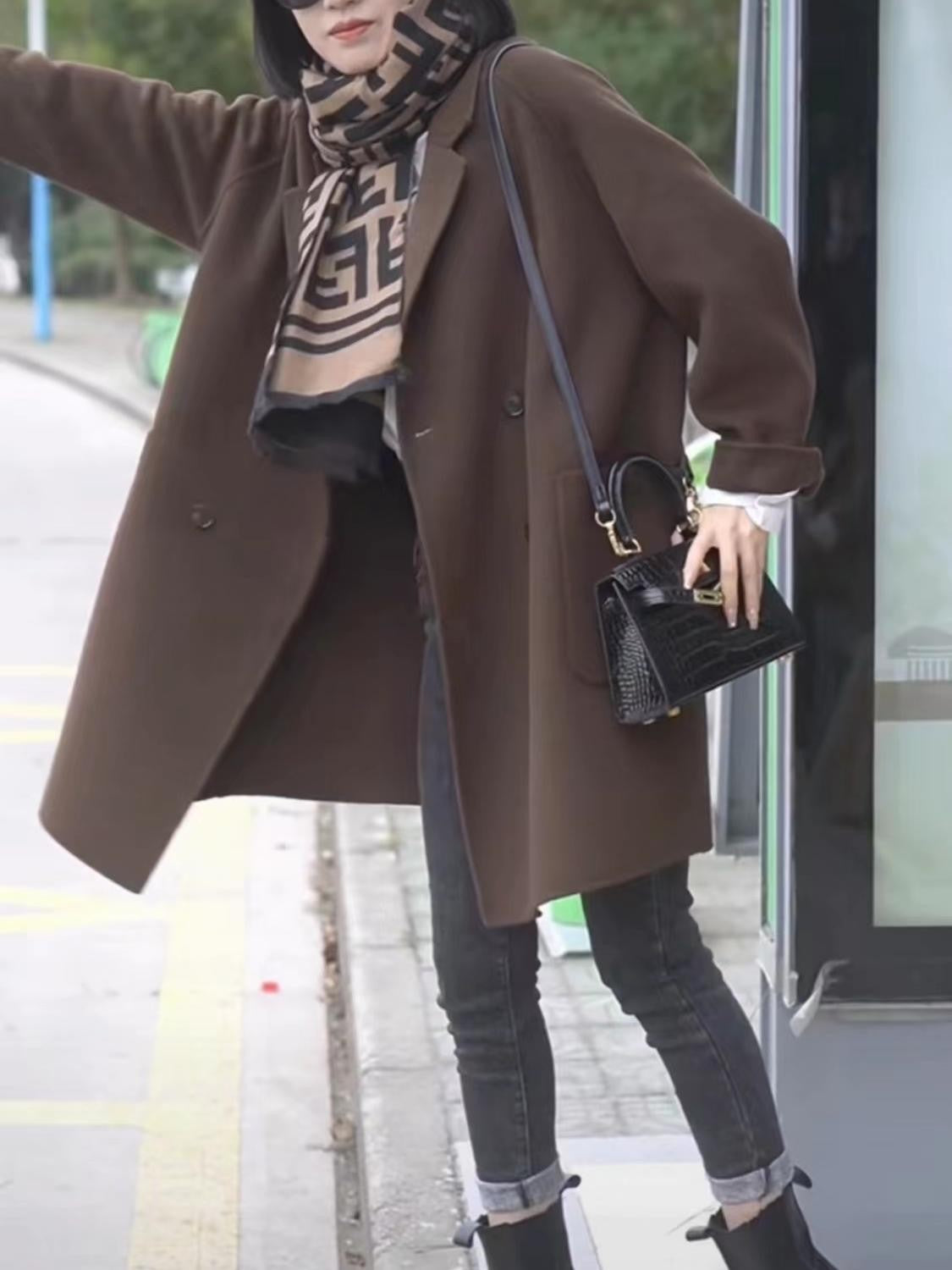 Plus Size Double-Sided Woolen Jacket Women's Midi Length Single-Breasted Loose Fit Fashionable Korean Style Suit Collar Macar...