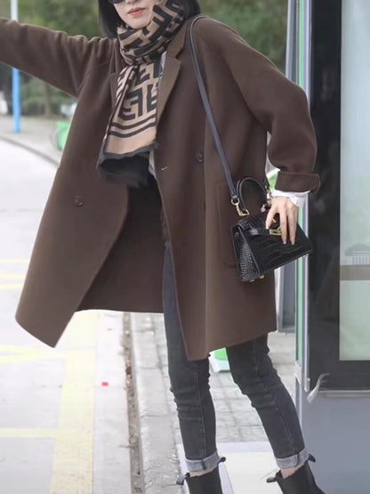 Plus Size Double-Sided Woolen Jacket Women's Midi Length Single-Breasted Loose Fit Fashionable Korean Style Suit Collar Macar...