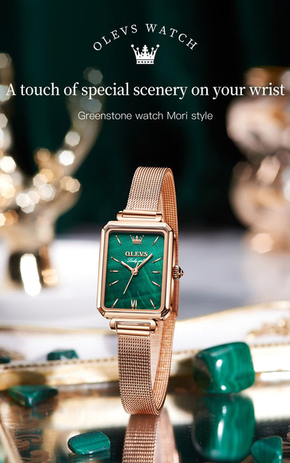 OLEVS 6624 Original Women Watch Luxury Top Green Square Waterproof Clock Fashion Elegant Brand Women Quartz Watch Reloj Mujer