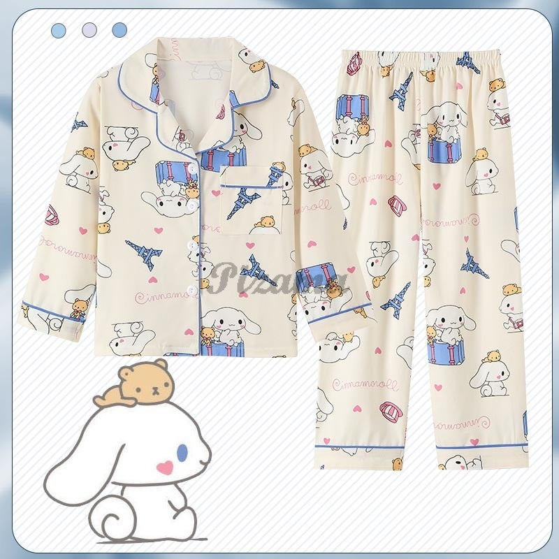 Children's Full Sleeve Button Down 2piece Kuromi Girls Pajamas Sets Boys Cinnamorolls Pyjamas Suits Kids Loungewear Homewear