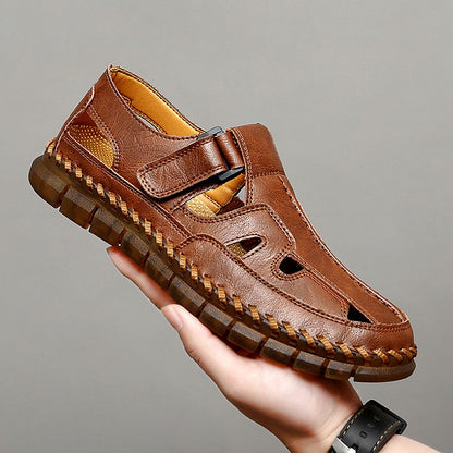 Mens Handmade Casual Leather Sandals Classic Men Beach Shoes Summer Outdoor Walking Male Sneaker Breathable Man Hollow Out Flats