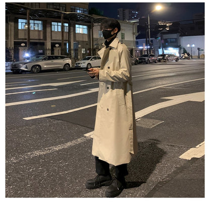 Autumn Trench Coat Men's High-end Luxury Double Row PU Leather Coat Male Long Korean Style Windbreaker Motorcycle Leather Jacket