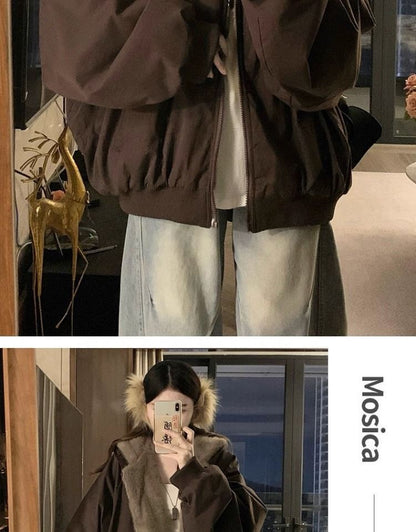 American Retro Reversible Velvet Zipper Hooded Jacket Women Winter Fashion Street Thick Loose Warm Harajuku Casual Plush Jacket