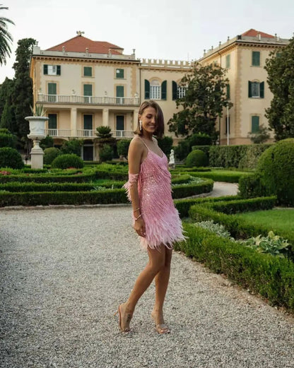 2024 Summer New Fashionable Framed Sequins Feather Patchwork Dress Colorful Amazon Direct Sales Women's Sleeveless Dress