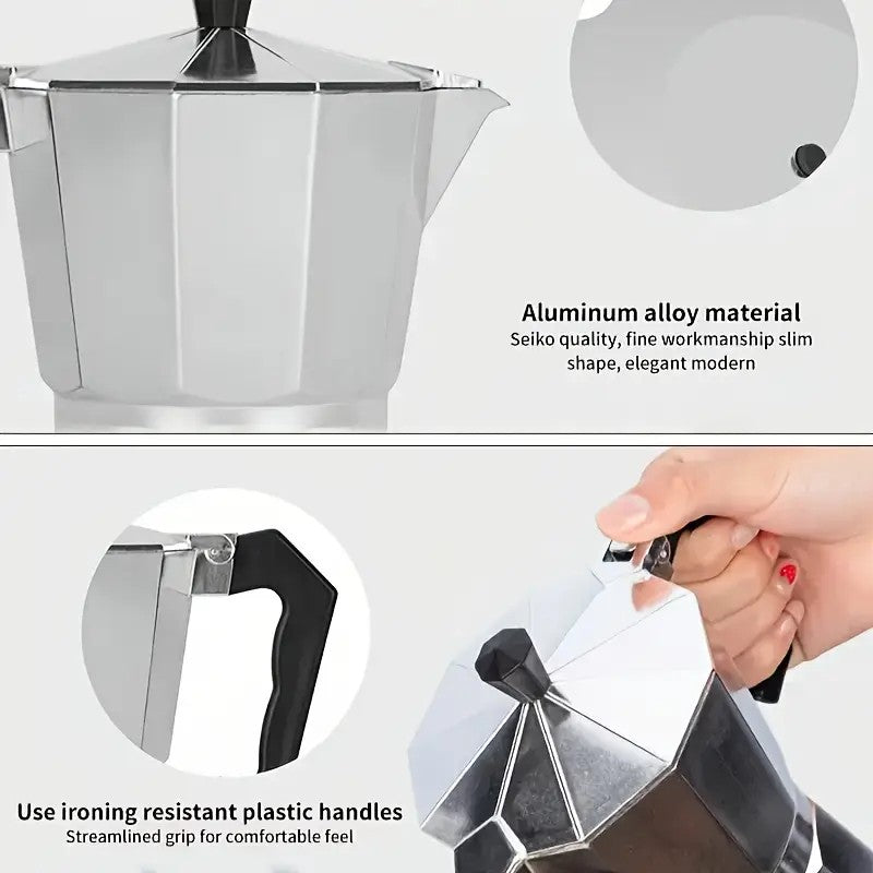 Aluminum Espresso Stovetop Perfect for Home Mocha & Tea Brewing, Elegant Design for Coffee Enthusiasts, Manual Espresso Maker