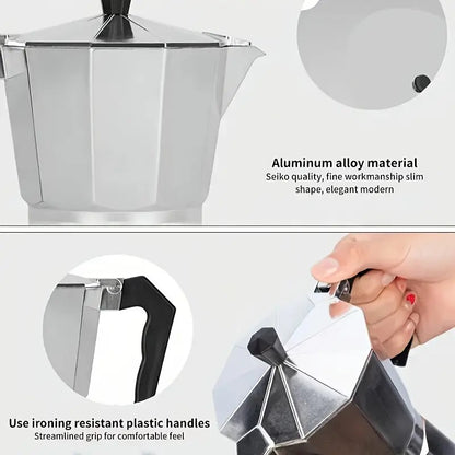 Aluminum Espresso Stovetop Perfect for Home Mocha & Tea Brewing, Elegant Design for Coffee Enthusiasts, Manual Espresso Maker