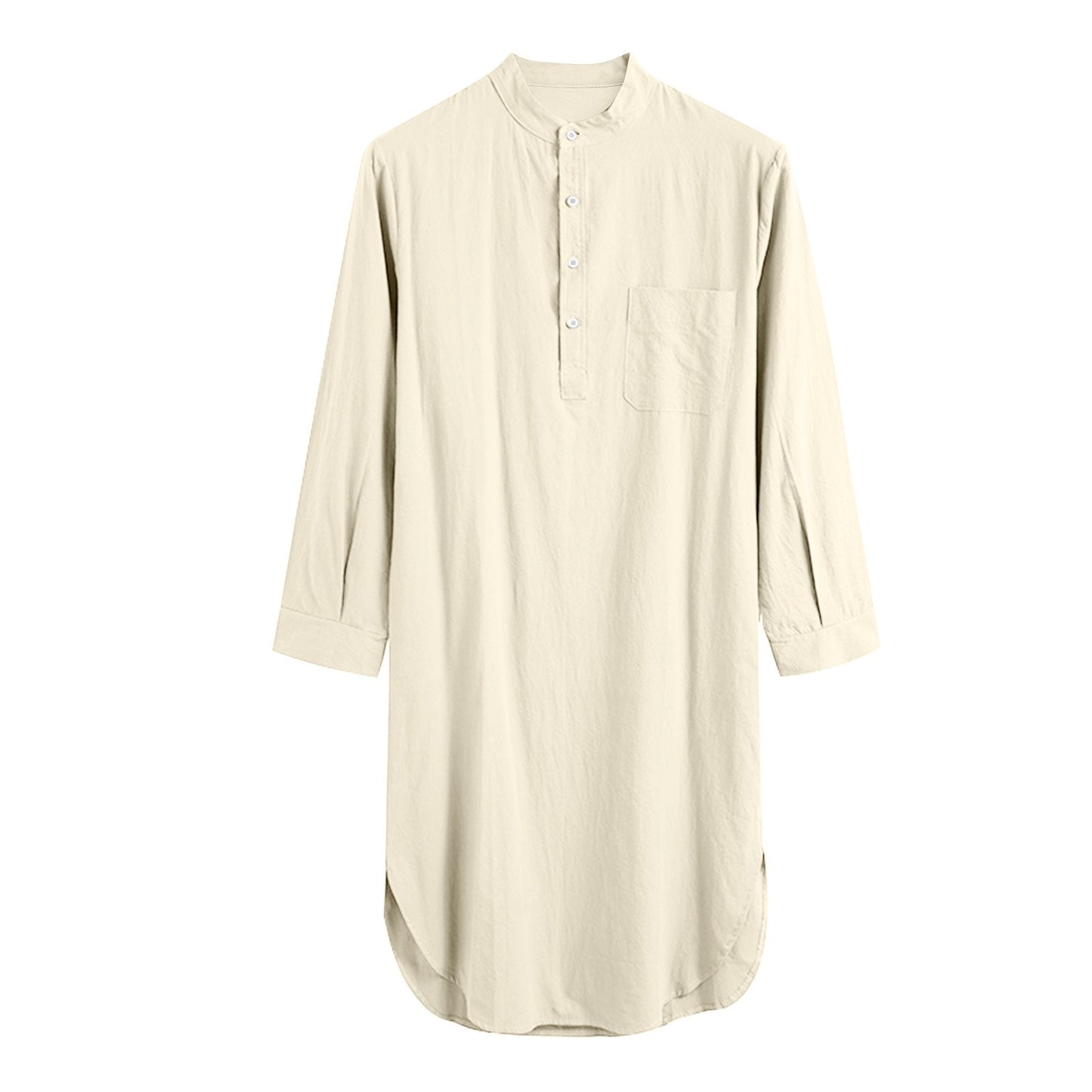Men's Cotton Button-down Sleep Robe Solid Color Stand Neck Long Sleeve Nightgown Fashion Comfortable Home Wear Loose Bathrobe