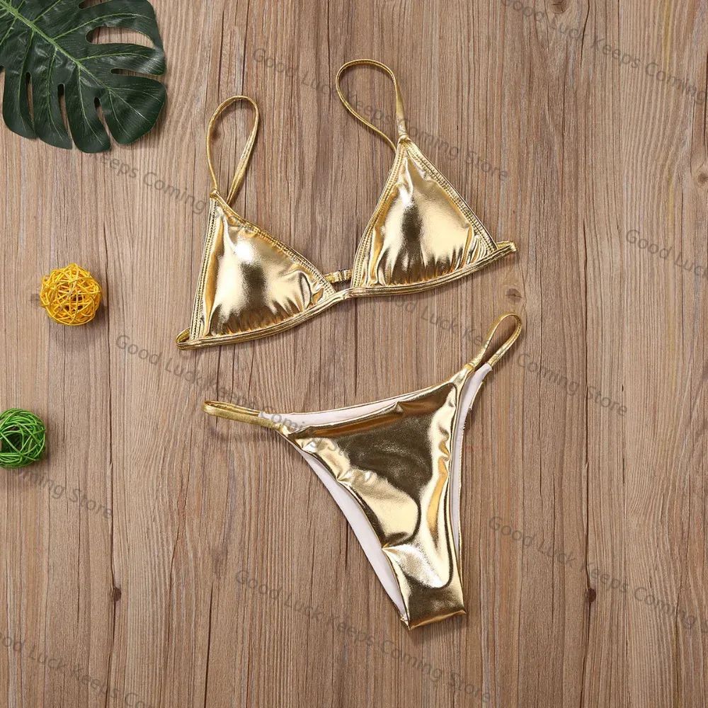 Women Sexy Thong Bikini Set Silver Gold Sequinis Biquini Swimwear 2025 Summer Push Up Padded Bra Bathing Suit Beach Wear