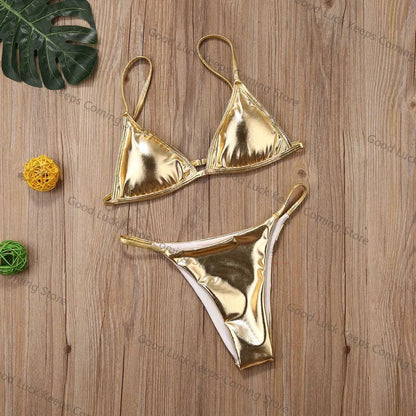 Women Sexy Thong Bikini Set Silver Gold Sequinis Biquini Swimwear 2025 Summer Push Up Padded Bra Bathing Suit Beach Wear