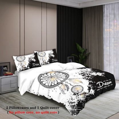3-piece set, black and white dream catcher pattern printed bedding set, queen, king, double bed, for bedroom, guestroom, hotel