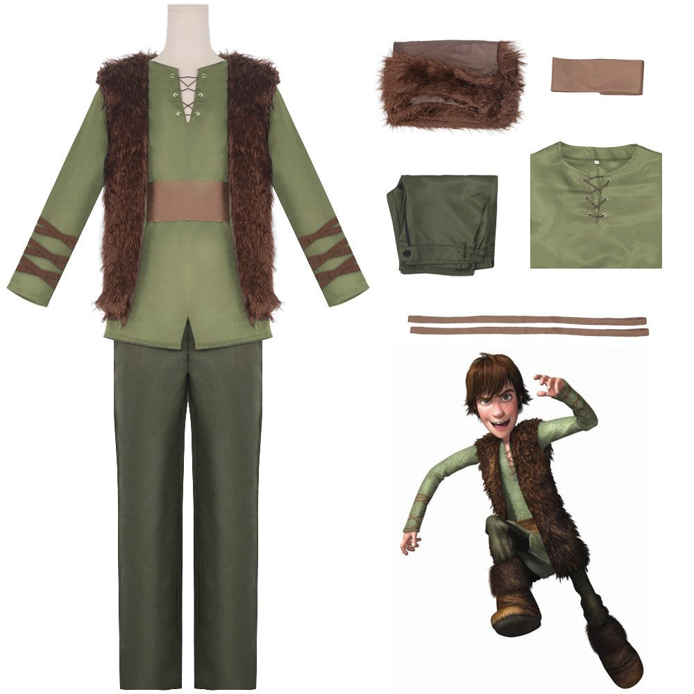 Anime Dragon Hiccup Cosplay Costume Green T Shirt Pant Brown Vest  Set Halloween Fancy Dress for Man