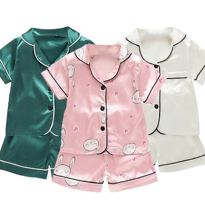 Boys Girls Ice silk satin Cartoon printing Tops Pants Set home Wear Children's pajamas set Baby suit Kids Clothes Toddler