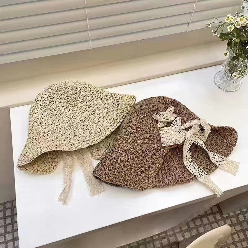 Straw Hat Women's Lace Bow Hollow Crochet Cap Summer Sunshade Sun Hat Fashion Foldable Beach Hat