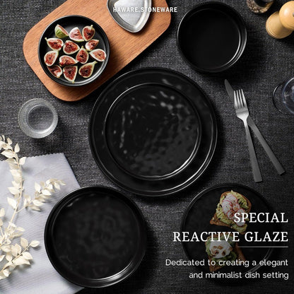 12Piece Stoneware Dinnerware Set for 4 People with Plates and Bowls Matte Black Ceramic Tableware for Home Restaurant Use Chip