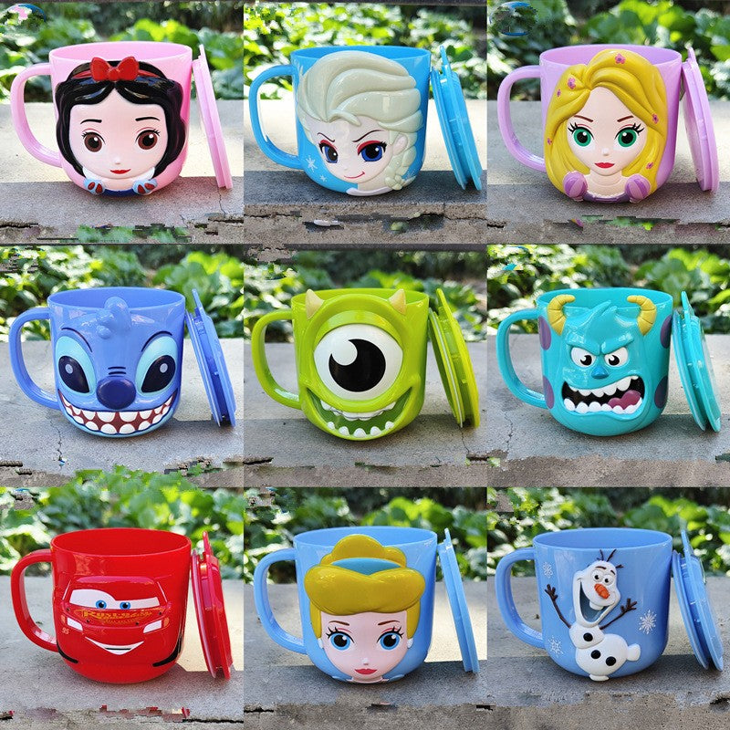 Copo infantil de desenho animado Disney Mickey Stitch com tampa Caneca de leite Frozen Elsa 3D Copo para beber em casa Copo para escovar a boca Copo de água infantil