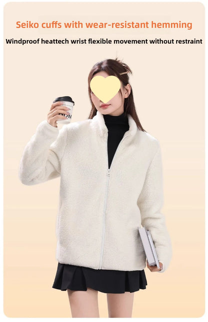 Women's Double-Sided Fleece Jacket Grey Warm Stand-Collar Thick Winter Outerwear Trendy Sweatshirt Style Casual Loose Fit