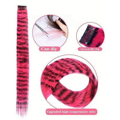 3Pcs Leopard Print Hair Extensions Synthetic Stripe Printed Hair Piece Colorful Long Straight Clip In Hair For Women Girls Party