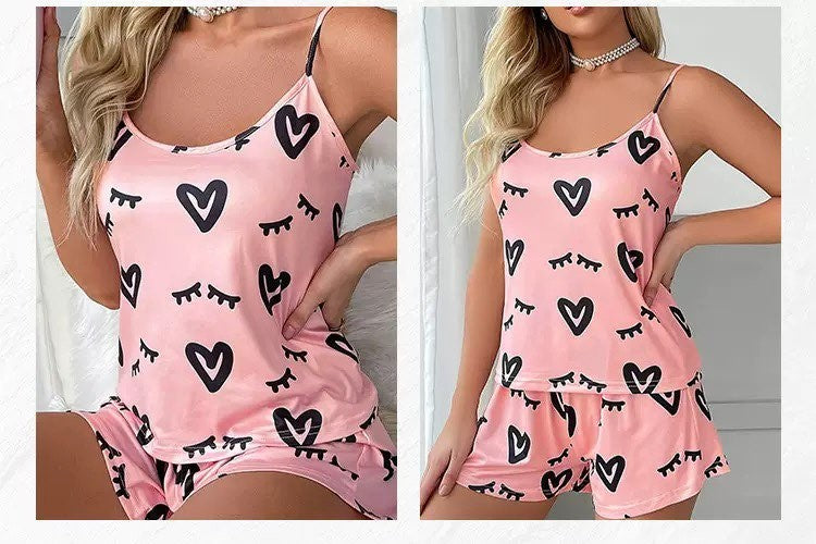 Pijama para Mujer 2 Piezas - Estampado de Corazón, Camisola + Pantalones Cortos | Ropa de Dormir Veraniega Bonita y Cómoda para