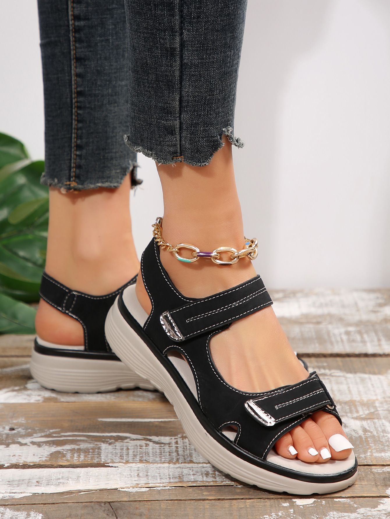 Women's Solid Color Casual Sandals, Platform Ankle Buckle Soft Sole Walking Wedge Shoes, Slingback Summer Shoes