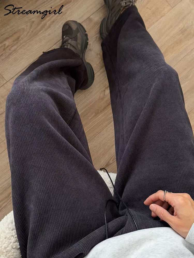 Streamgirl Women Winter Corduroy Pants Dark Brown With Thick Warm Fleece Trousers Corduroy High Waist Loose Pants For Women