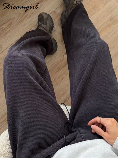 Streamgirl Women Winter Corduroy Pants Dark Brown With Thick Warm Fleece Trousers Corduroy High Waist Loose Pants For Women