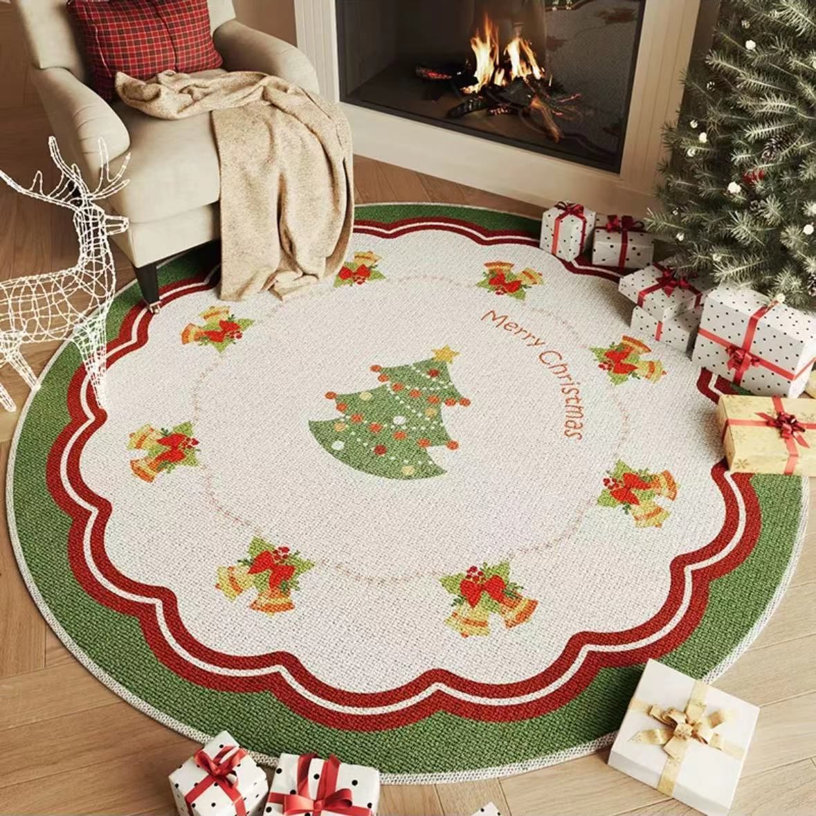 VIKAMA Christmas Winter Warm Round Rug For Living Room, Bedroom, Side Of Bed, Anti-Slip Hat Stand Pad, Holiday Home Decoration