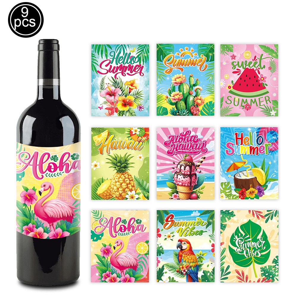 9pcs Hawaii Themed Party Wine Bottle Stickers Pink Flamingo Pineapple Stickers Summer Beach Party Supplies Decoration 4.02×5inch
