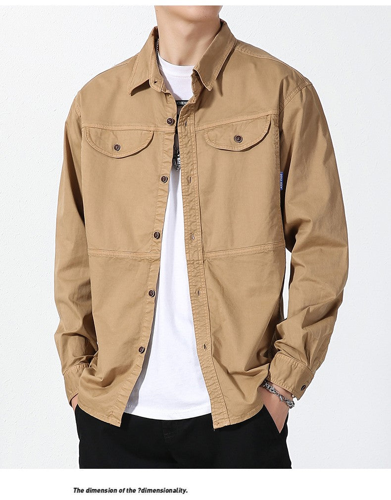 Men Slim Fit Turn-Down Collar Loose Cargo Shrit Spring Autumn Casual Wash Cotton Safari Style Jacket with Multiple Pockets Coat