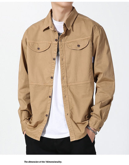 Men Slim Fit Turn-Down Collar Loose Cargo Shrit Spring Autumn Casual Wash Cotton Safari Style Jacket with Multiple Pockets Coat