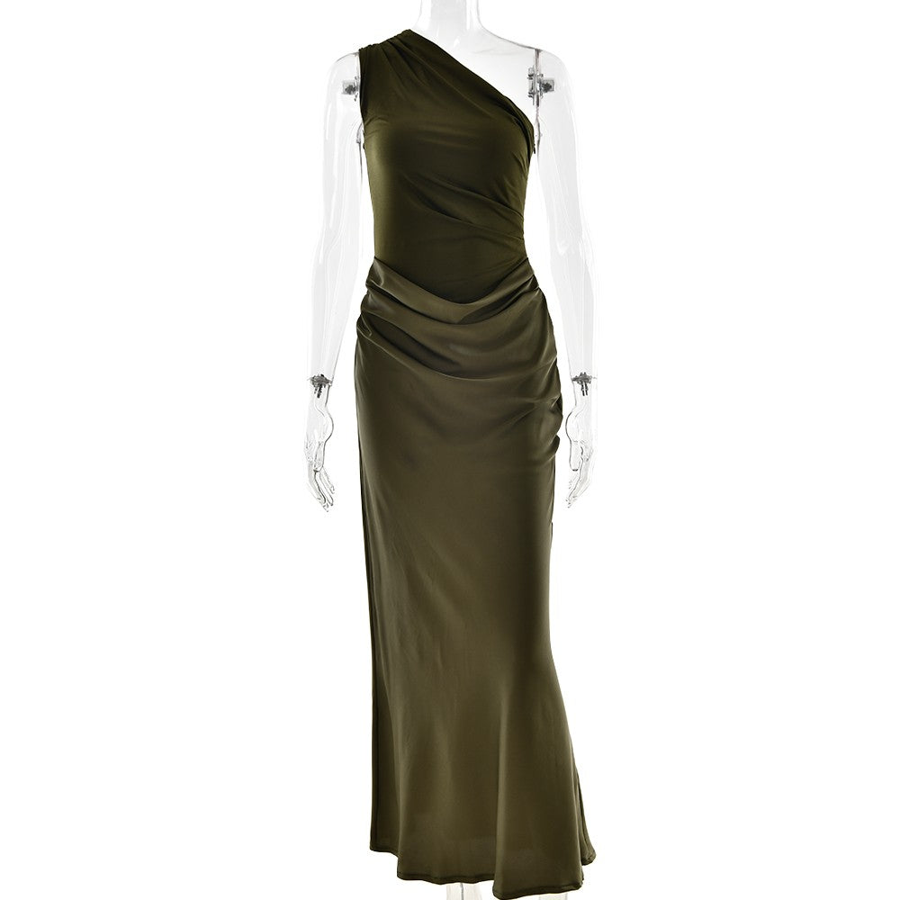 JULISSA MO Patchwork Satin Sexy One Shoulder Women Maxi Dress Brown Sleeveless E