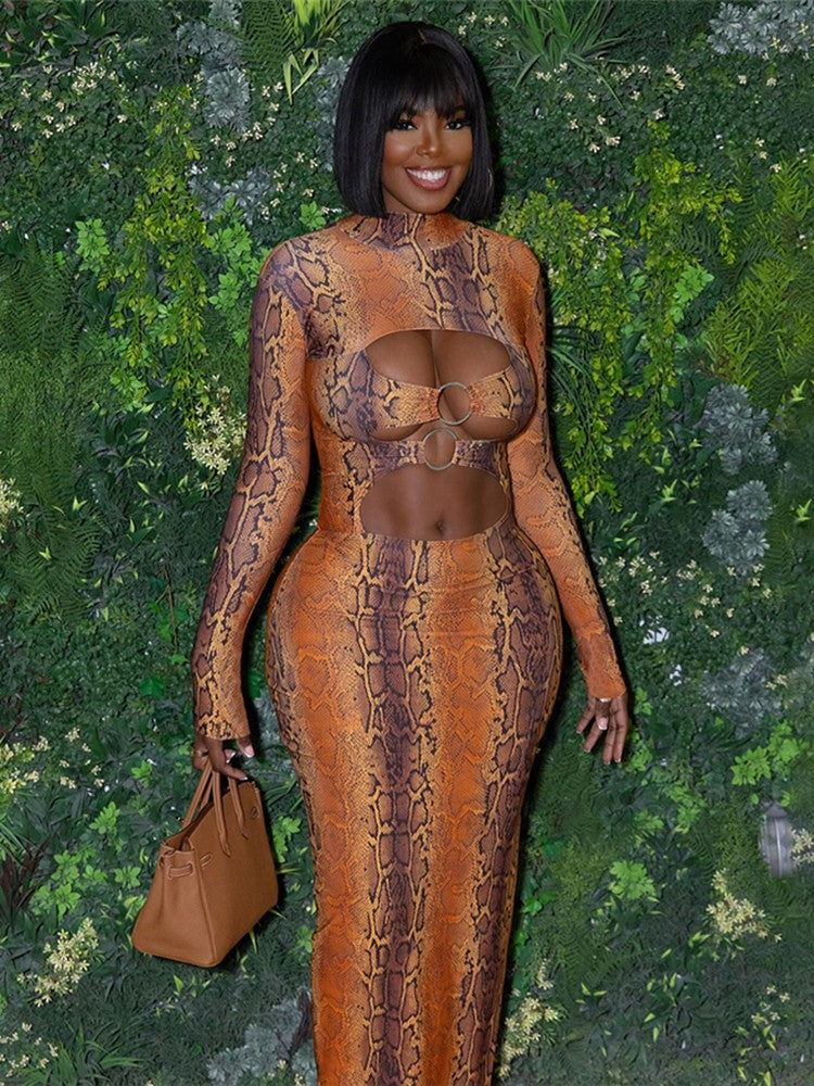 Weird Puss Sexy Snakeskin Maxi Dress Women Chest Hollow Metal Ring Turtleneck Peach Hip Hipster Street Stretch Skinny Bodycon