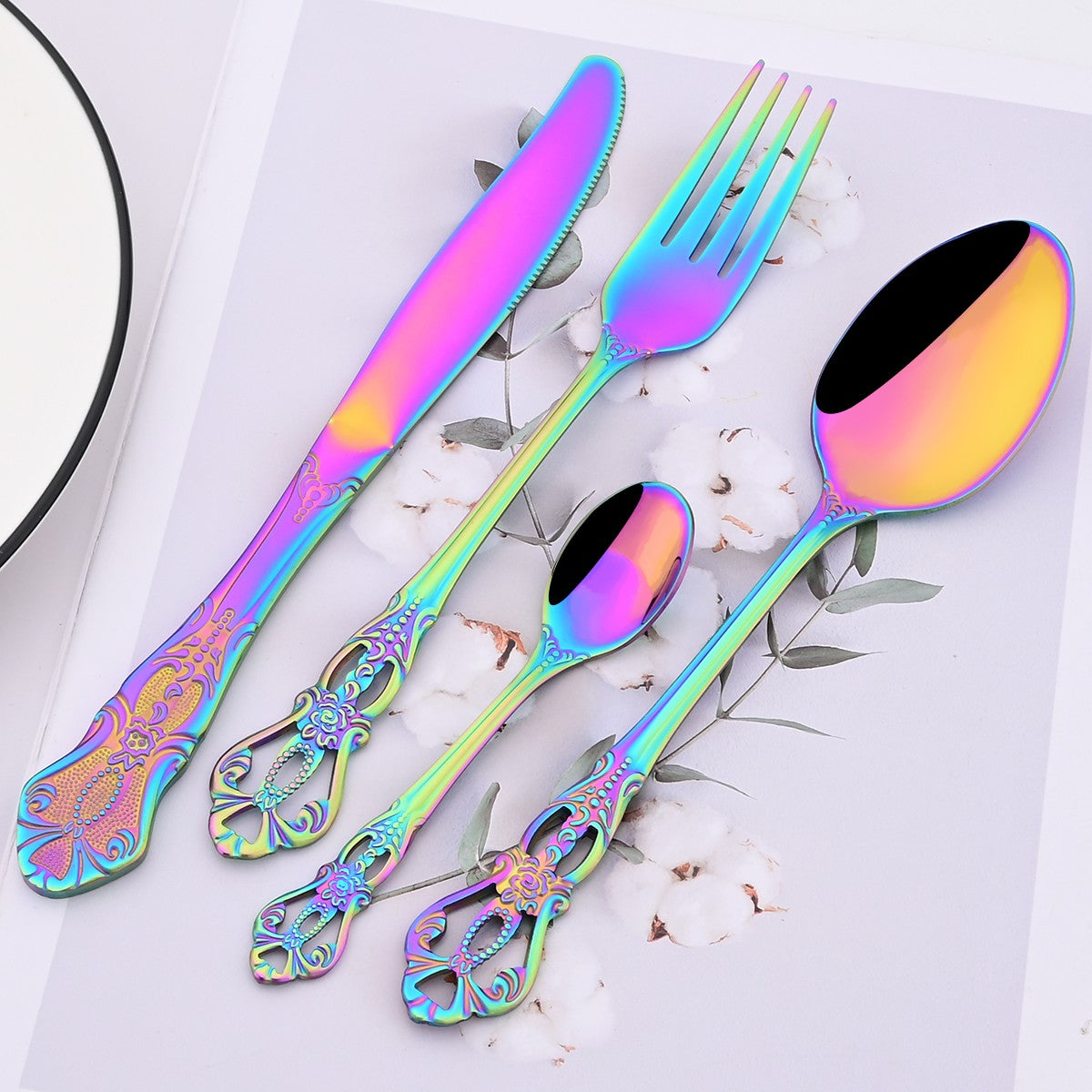 Mirror 24Pcs Vintage Dinnerware Set Stainless Steel Cutlery Set Knives Fork Teaspoon Tableware Kitchen Flatware Silverware Set