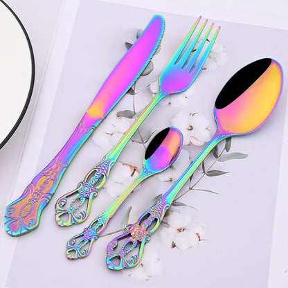 Mirror 24Pcs Vintage Dinnerware Set Stainless Steel Cutlery Set Knives Fork Teaspoon Tableware Kitchen Flatware Silverware Set