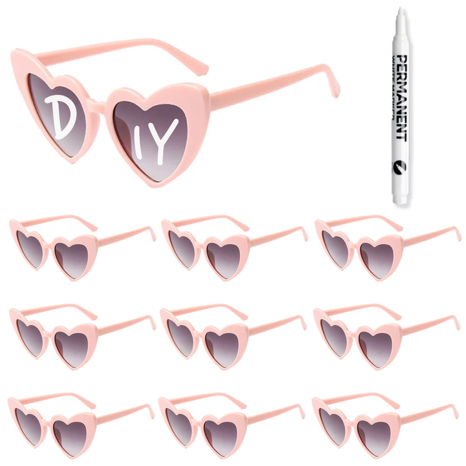 100-10Pcs DIY Wedding Sunglasses Personalised Heart Sunglasses with Pen Bachelorette Party Glasses Bridesmaid Gifts for Guests