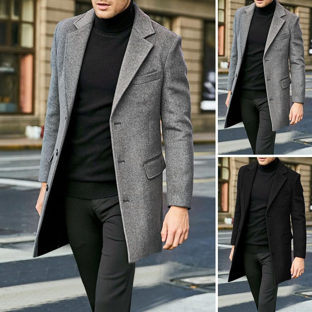 British Style Men Woolen Coat Flap Pockets Single breasted Elegant Men Trench Coat Mid length Long Winter Warm Overcoat