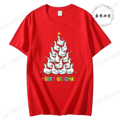 Funny Merry Goosmas T-Shirts for Women,Trendy Christmas Goose Shirt Design,Christmas Tree Party T-Shirts for Women Men Clothes