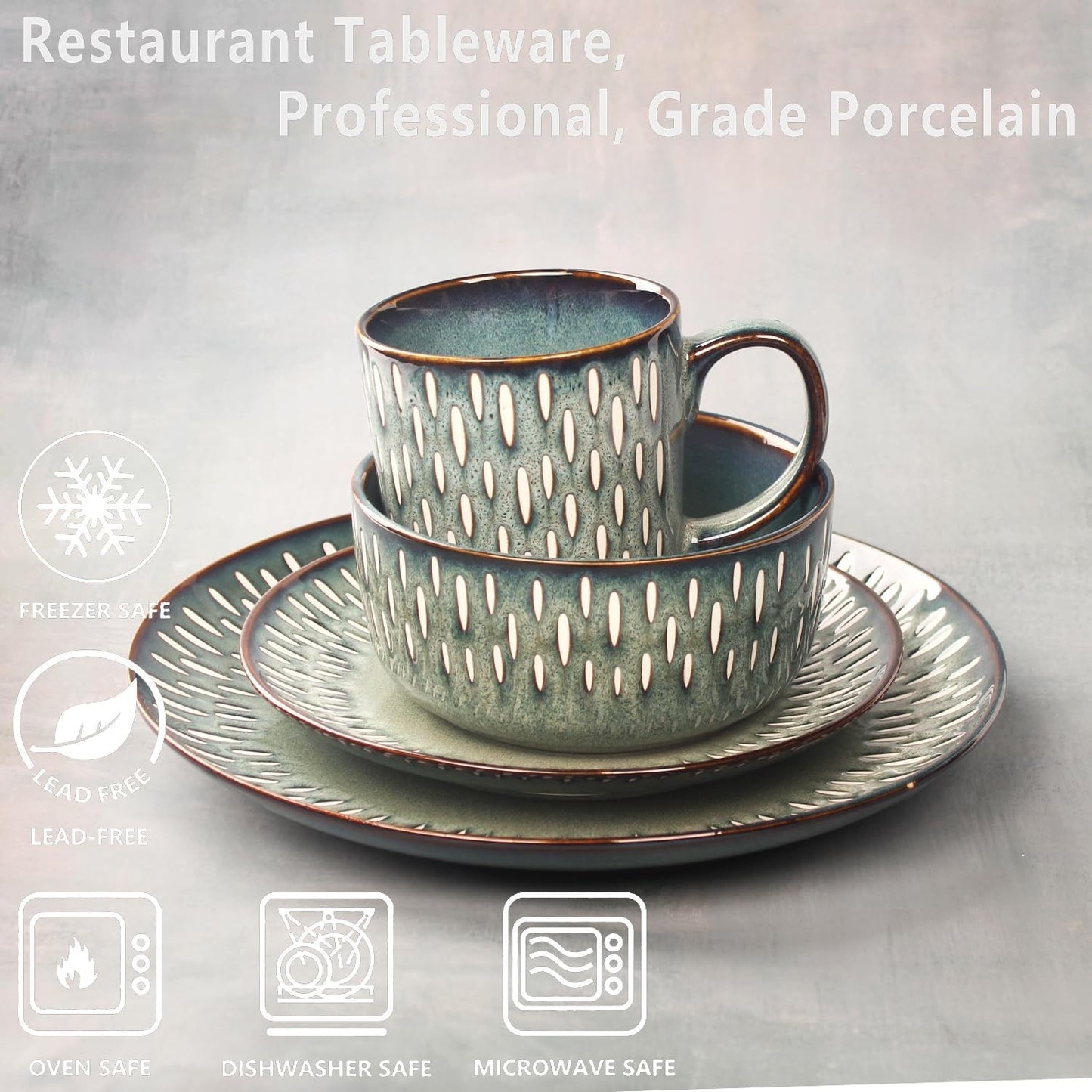 Conjuntos de Louça de 16 Peças – Louça Redonda de Cerâmica Esmaltada Reativa – Louça de Cozinha de Porcelana com Prato de Jantar, Tigela e P