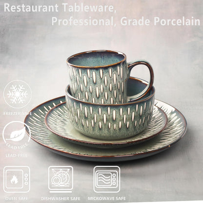 Conjuntos de Louça de 16 Peças – Louça Redonda de Cerâmica Esmaltada Reativa – Louça de Cozinha de Porcelana com Prato de Jantar, Tigela e P