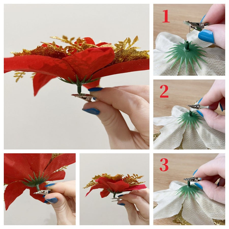10pcs 14cm Glitter Poinsettia Christmas Artificial Flowers with Clips DIY Xmas Tree Ornaments Wreath Fireplace Decorations