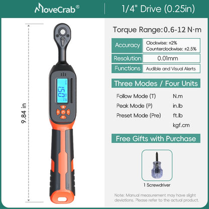 Chave de Torque Digital MOVECRAB 1.5-340 N.m com Valores Predefinidos, Precisão de 2%, Buzzer e Notificação por Flash LED